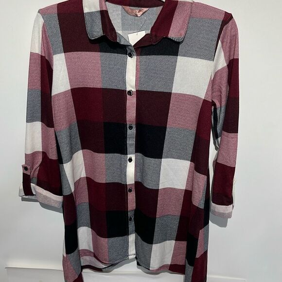 Amana Women's Multicolor Plaid Roll Up Sleeve Tunic Button Up Shirt Small NWT - Picture 1 of 8